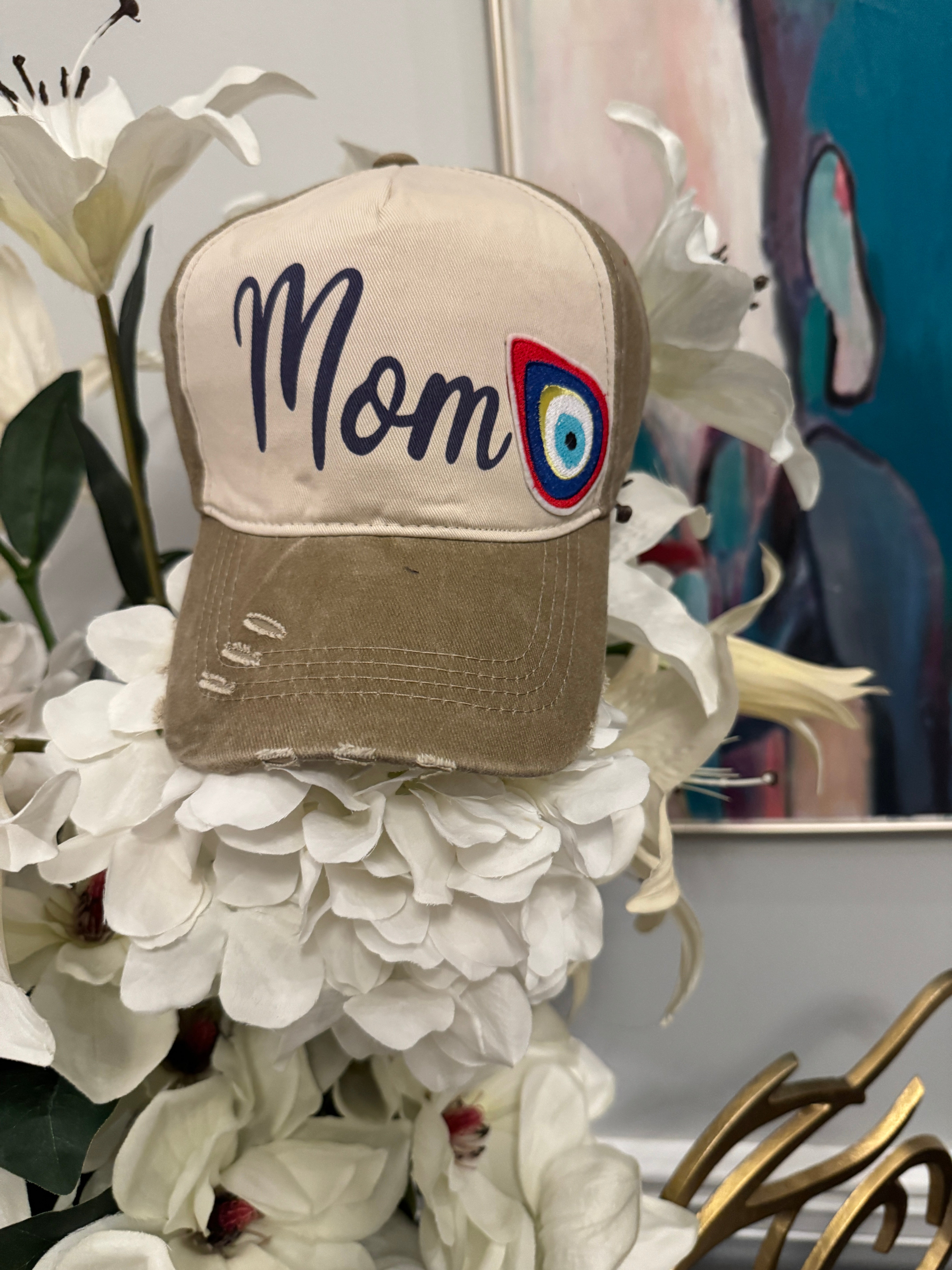 Cap hat Mom design with embroidery tear drop evil eye.