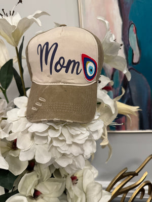 Cap hat Mom design with embroidery tear drop evil eye.