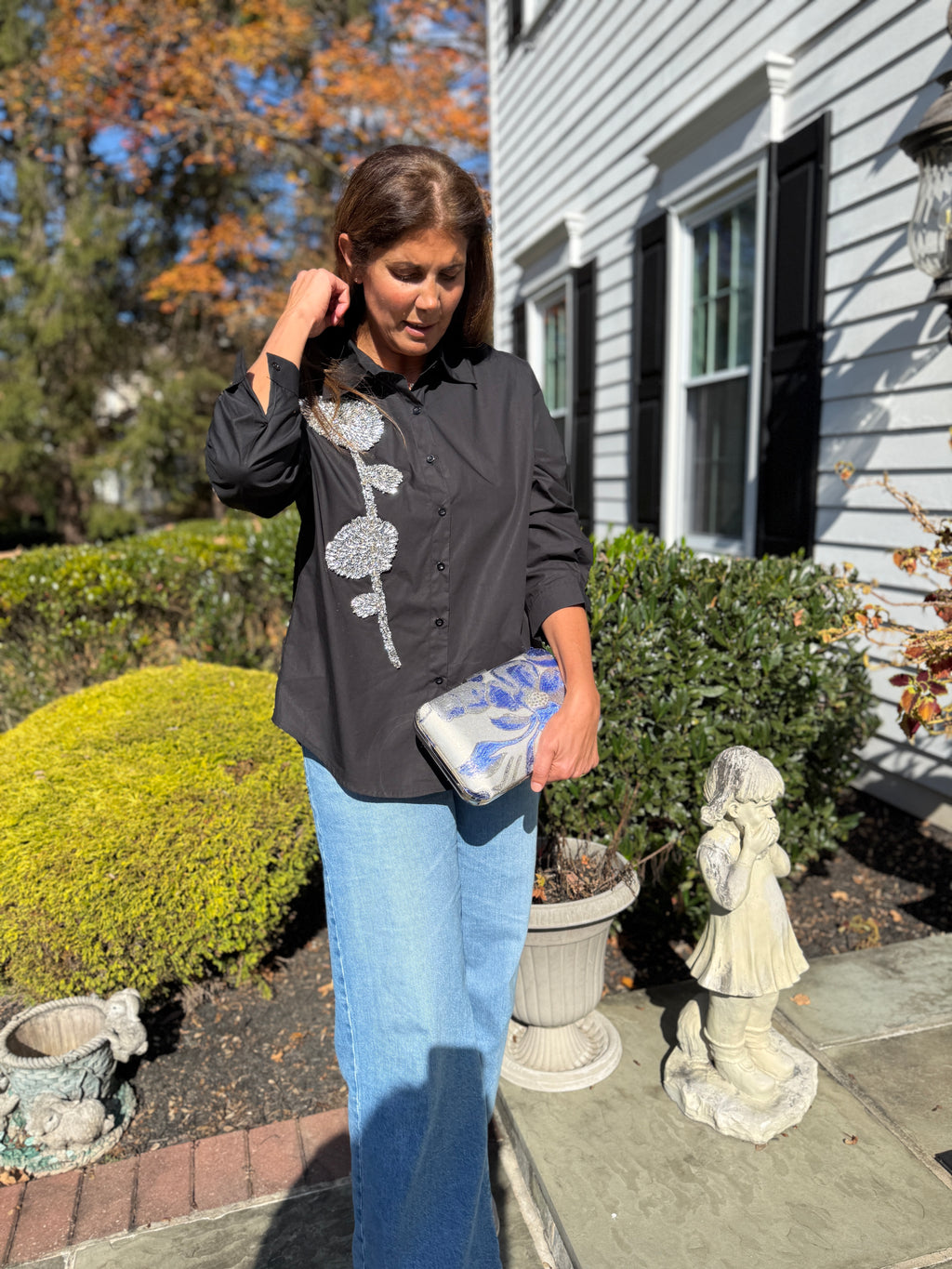 Embellished Shirt with crystal stone flower them