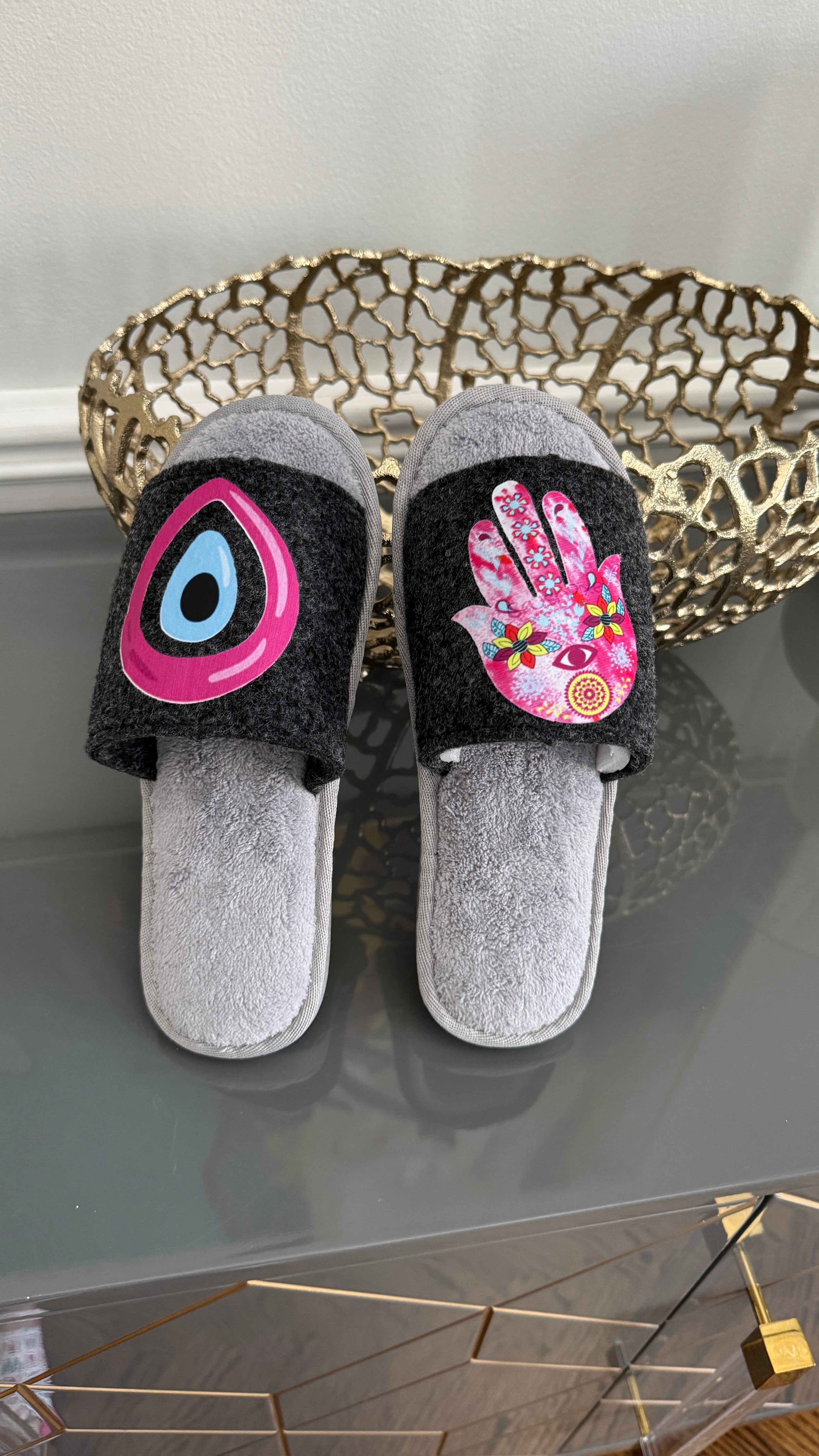 Gray Slip on Slippers. Designed with evil eye and Fatima Hand