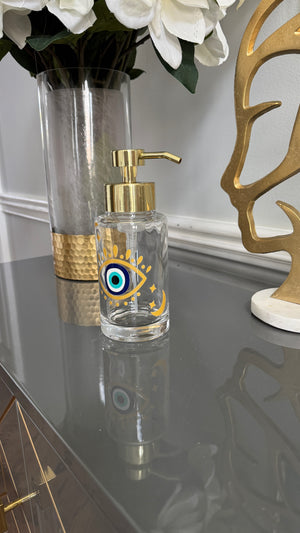 Clear Glass & Gold Soap Dispenser designed with evil eye 🧿 motif.