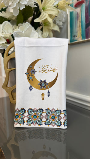 White Arabian mosaic design and Ramadan theme crescent and Arabic Calligraphy رمضان كريم