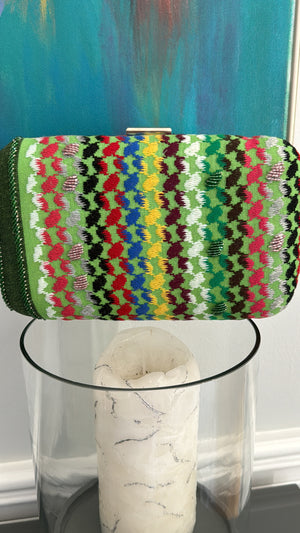 Green multi colors rectangle beaded keffiyeh Clutch, handbag