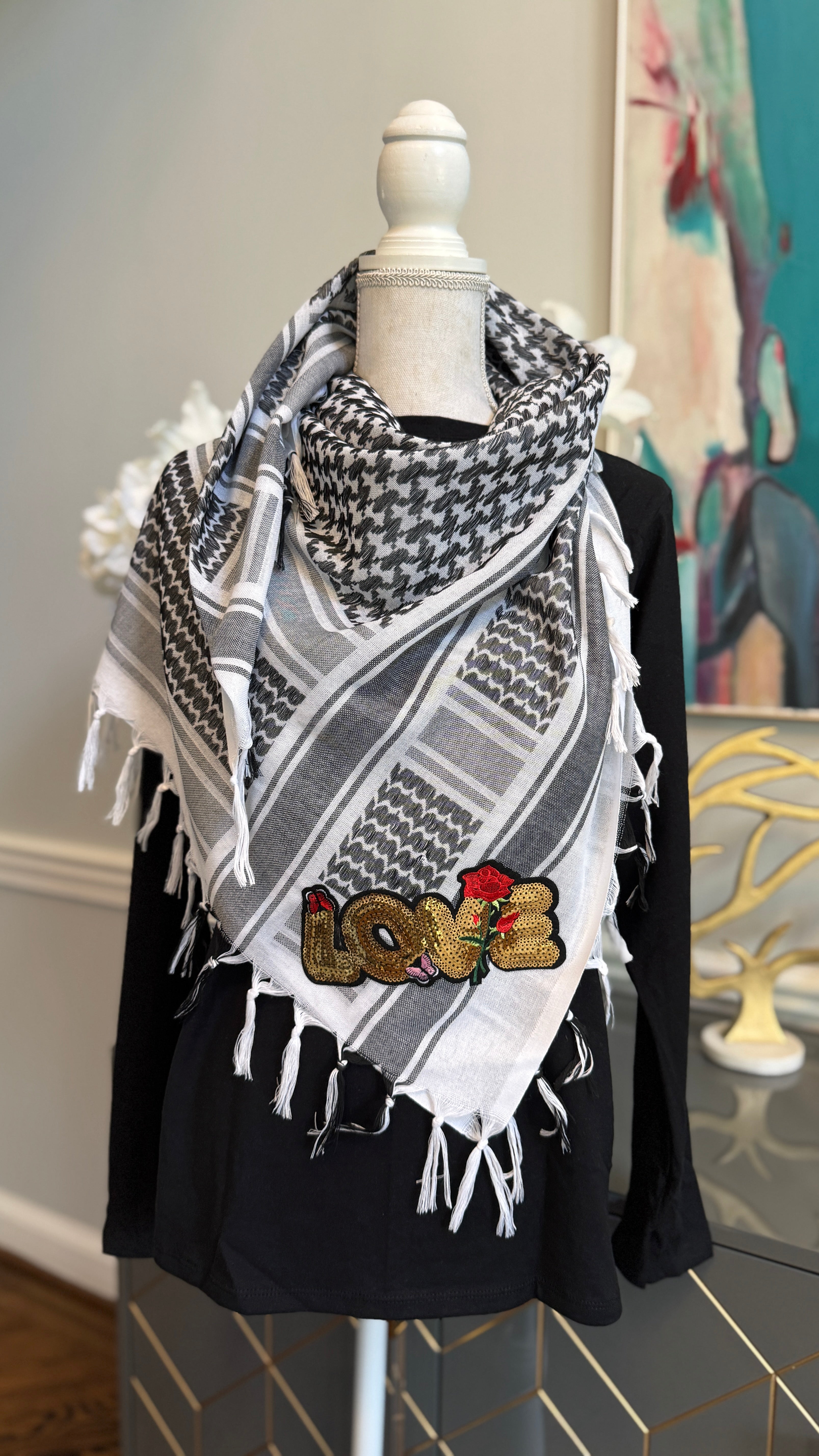 Black & White Keffiyeh, Kuffiyeh, Shemagh designed with Sequin motif