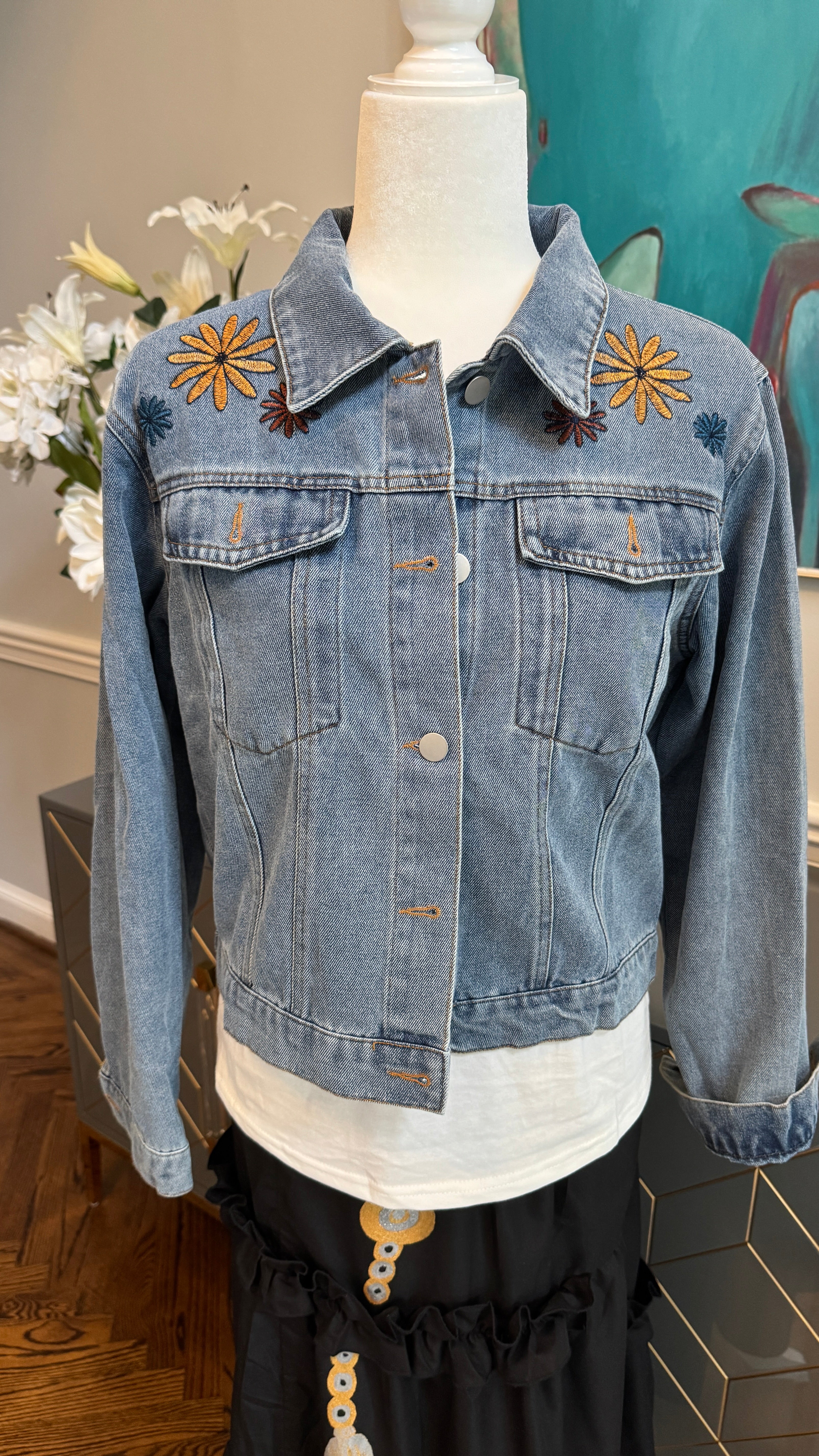 Denim Blue Jacket, embroidery flowers design theme