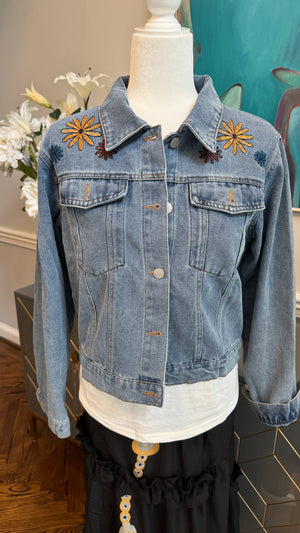 Denim Blue Jacket, embroidery flowers design theme