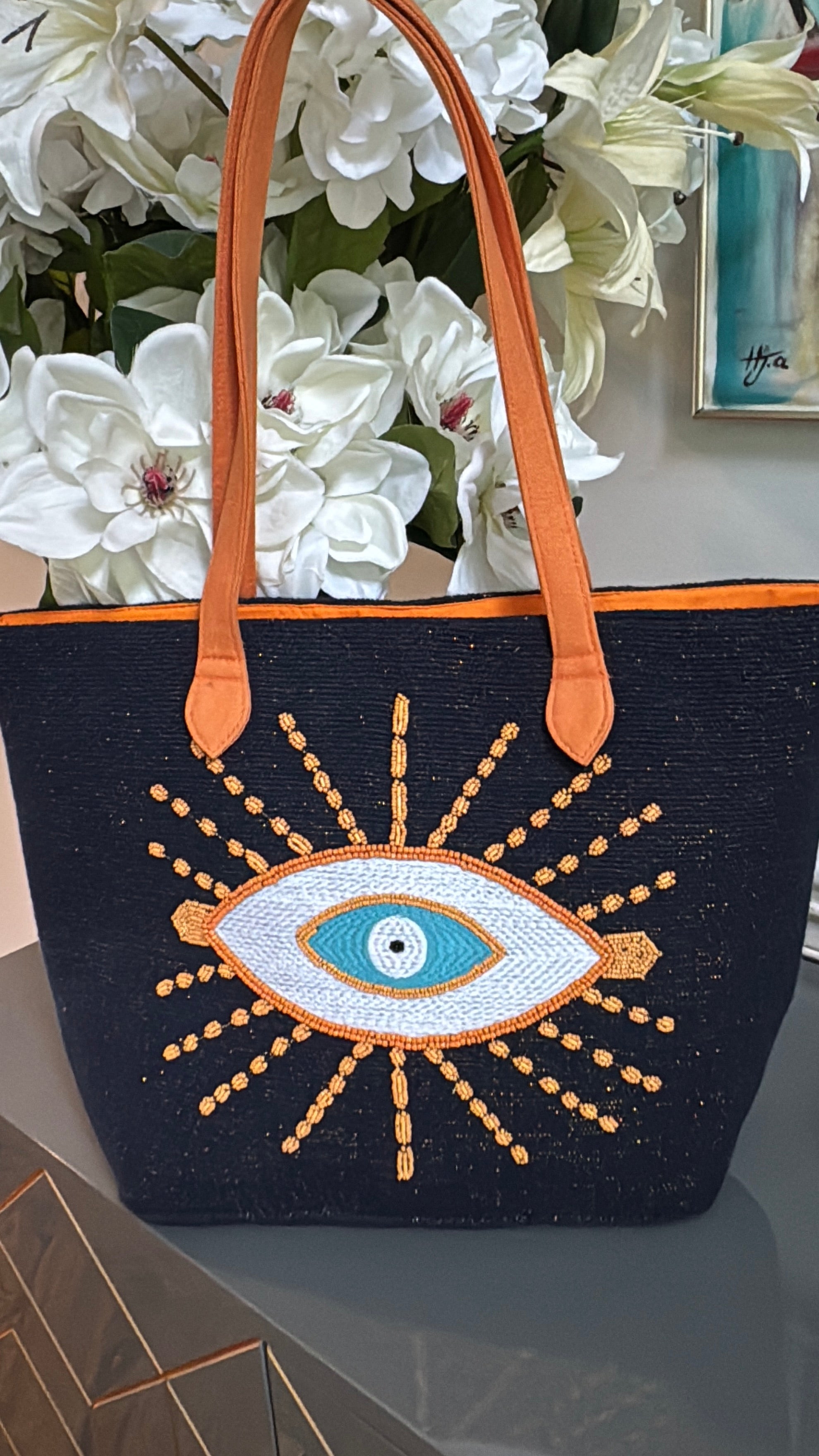 Big tote bag with beaded evil eye design