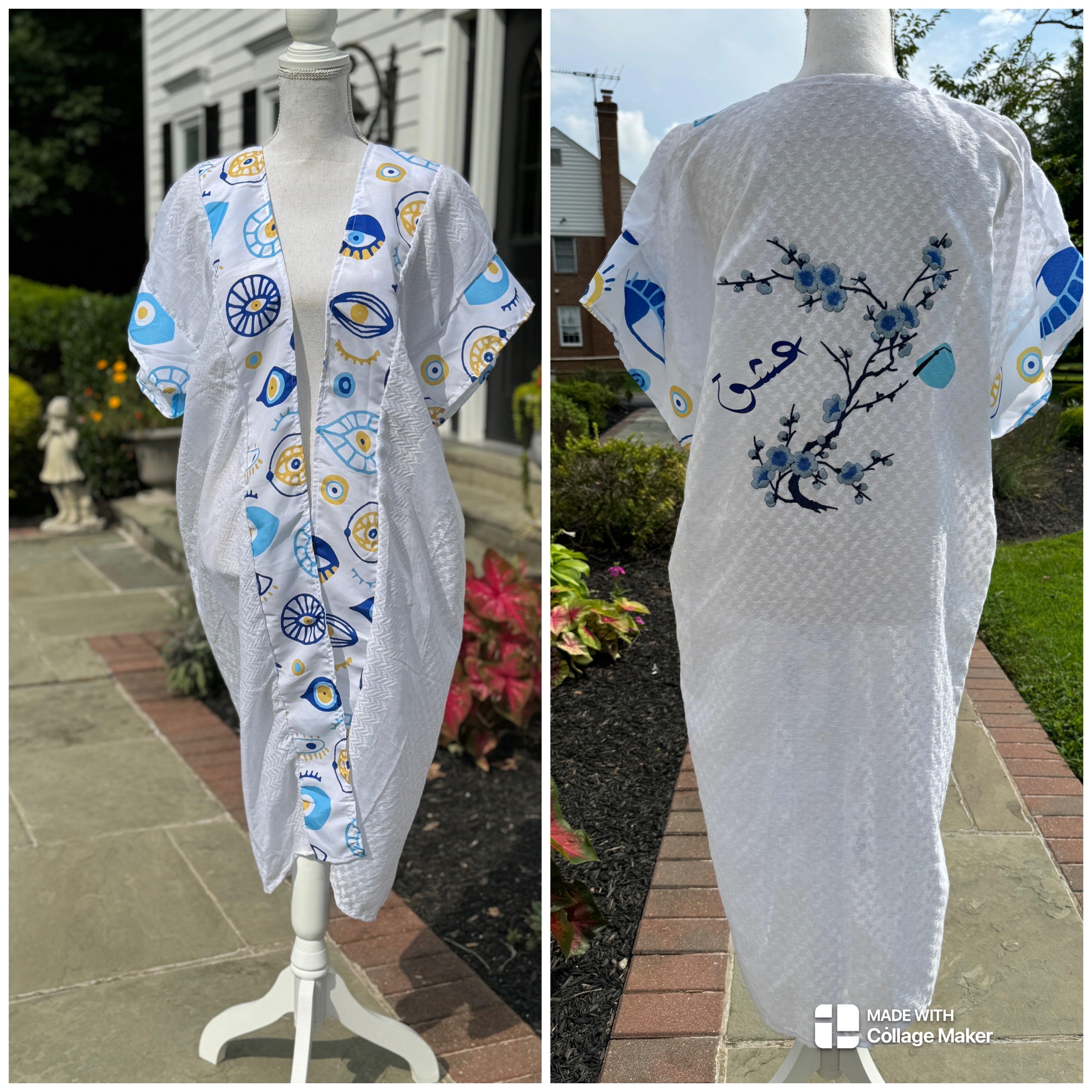 White open keffiyeh caftan with evil eye design, embroidery Flower motif and Arabic Calligraphy عشق