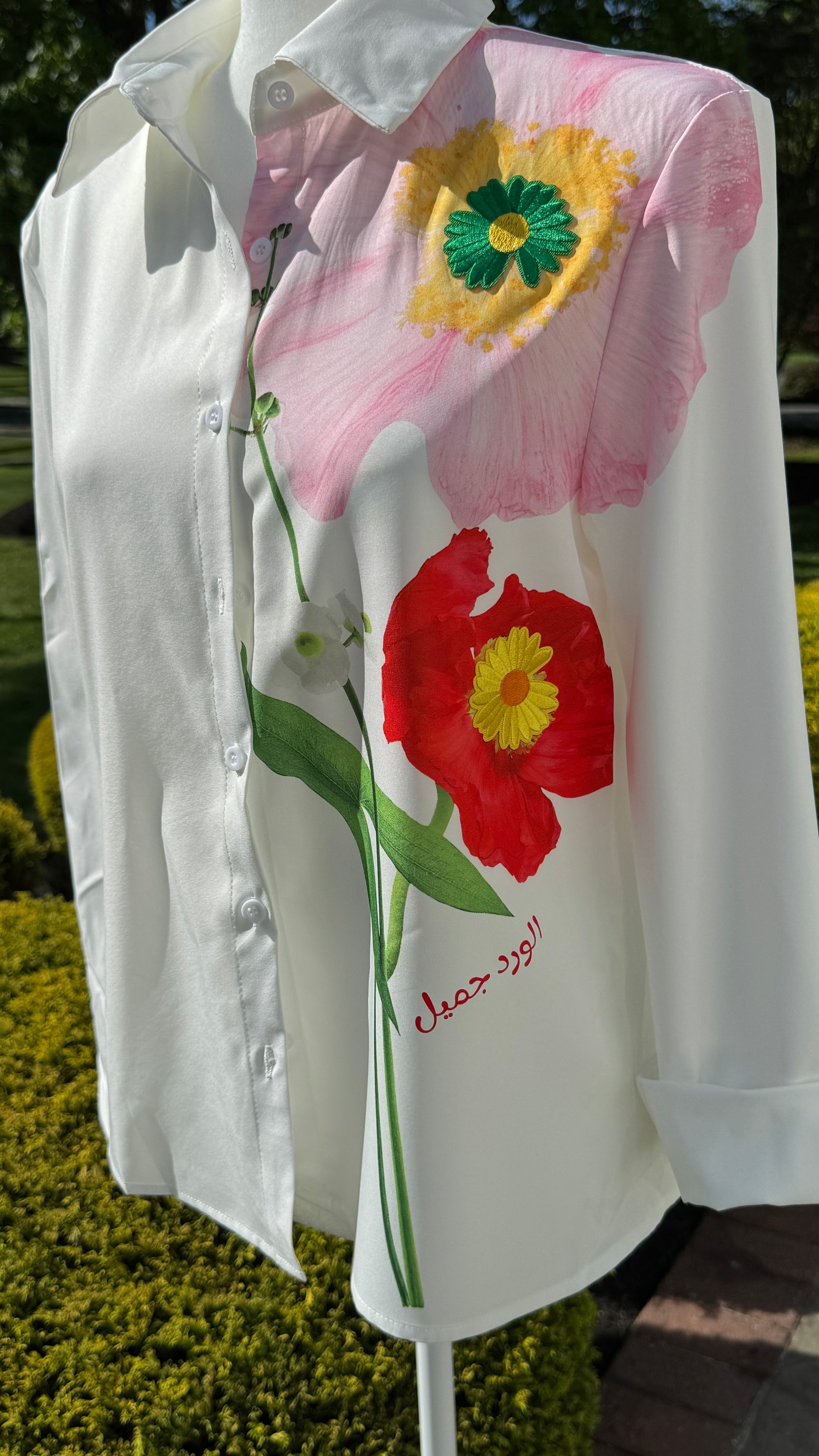 Long Sleeve Floral Print , embroidery motif & Arabic Calligraphy Blouse الورد جميل
