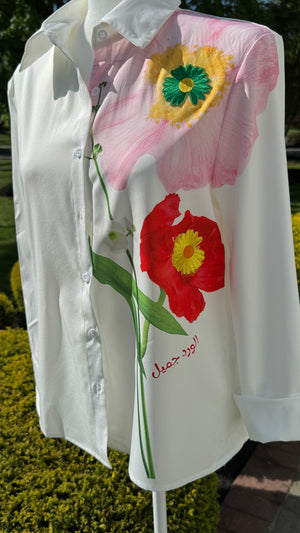 Long Sleeve Floral Print , embroidery motif & Arabic Calligraphy Blouse الورد جميل