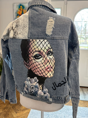 Denim Jacket leopard print And Arabic Calligraphy design الجمال and women beauty image.