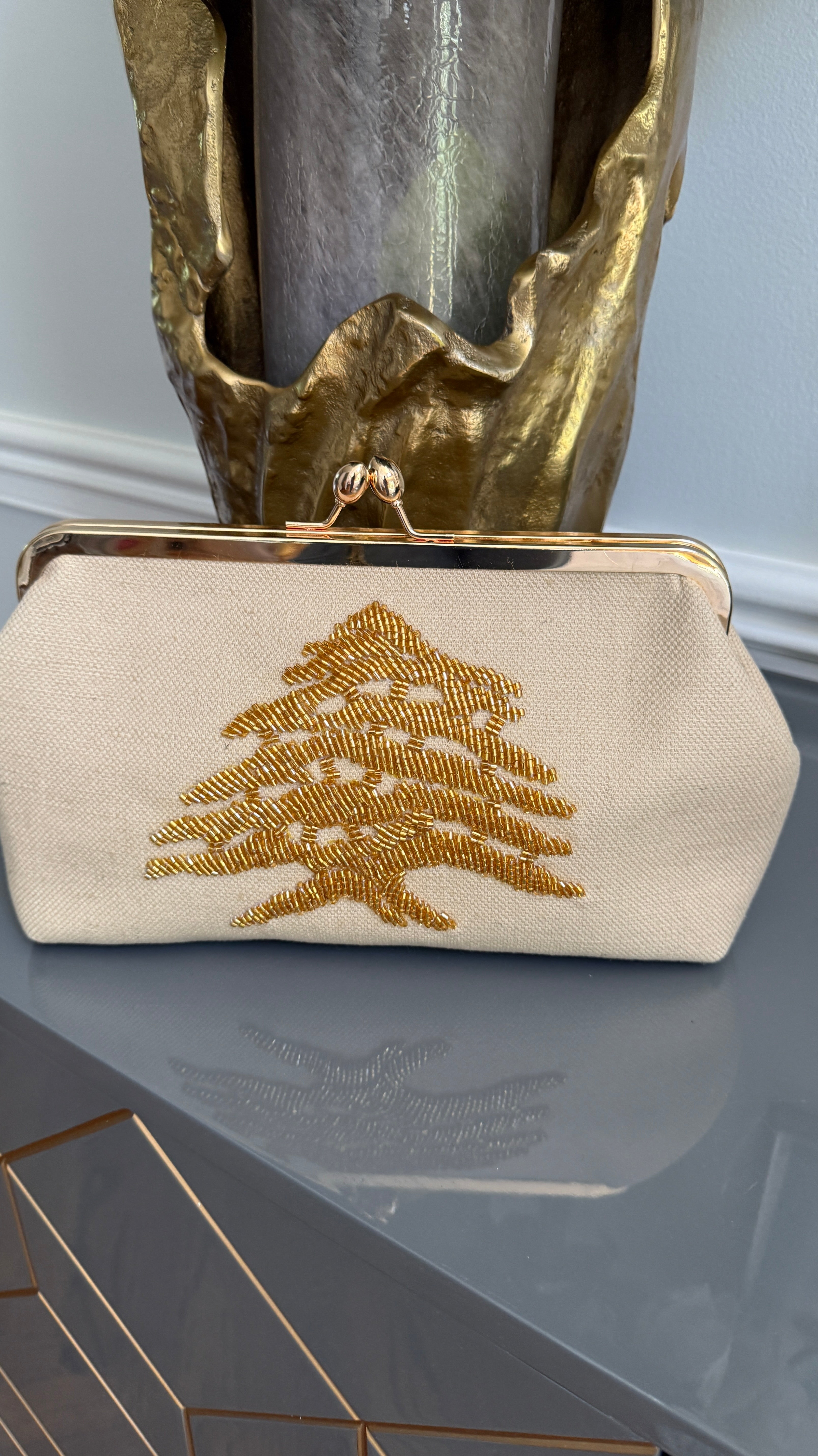 Off White Handbag, clutch, purse beaded cedar of Lebanon.