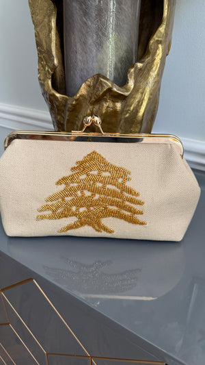 Off White Handbag, clutch, purse beaded cedar of Lebanon.