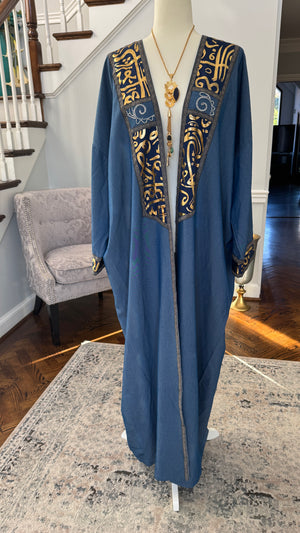 Blue Denim Open caftan embroidery Arabic Caligraphy design .