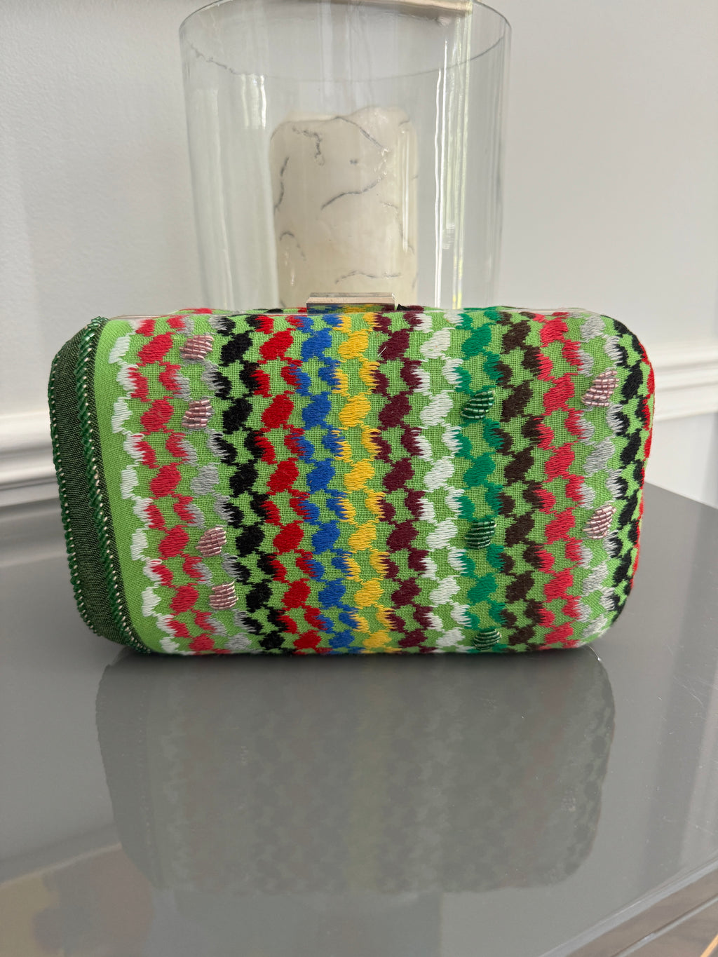 Green multi colors rectangle beaded keffiyeh Clutch, handbag