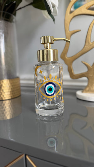 Clear Glass & Gold Soap Dispenser designed with evil eye 🧿 motif.