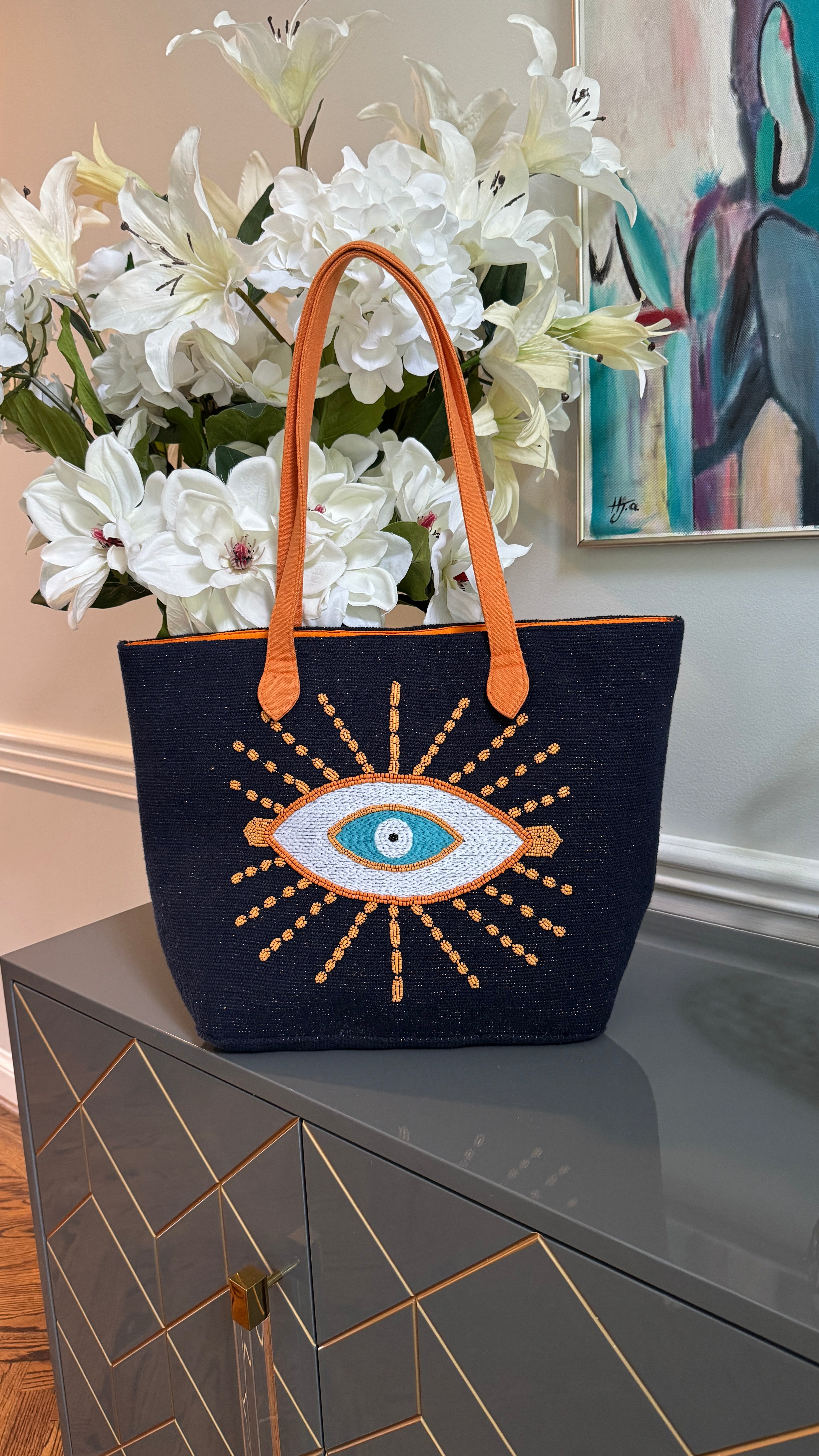 Big tote bag with beaded evil eye design