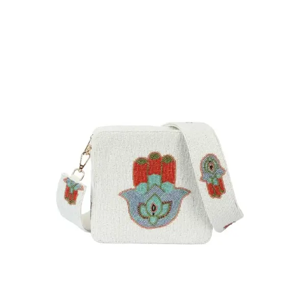Beaded Fatimah Hand crossbody bag with beaded straps. Beaded all around.