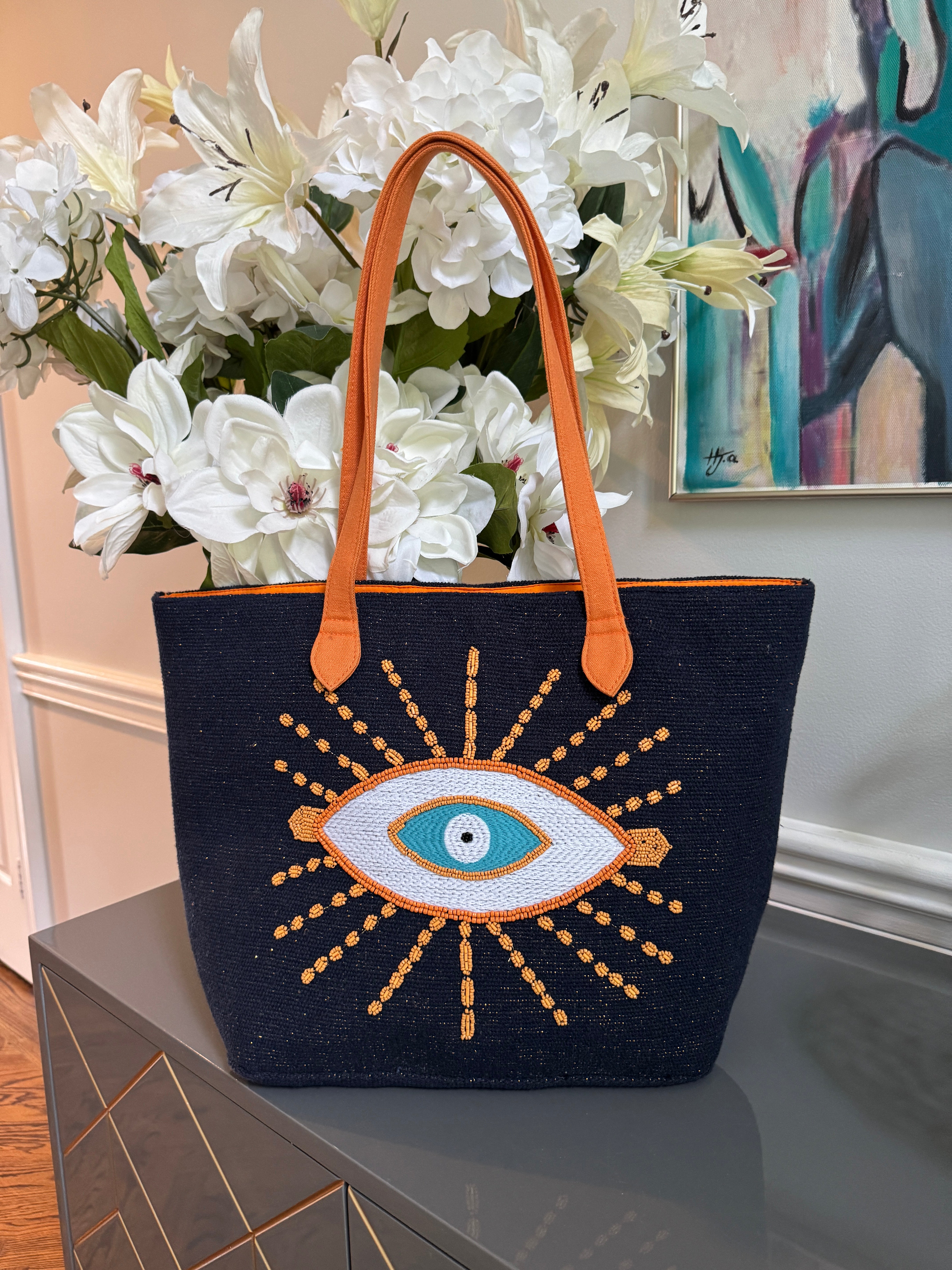Big tote bag with beaded evil eye design