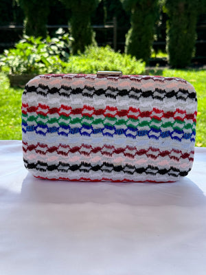 Multi color beaded keffiyeh hard case rectangle clutch, handbag