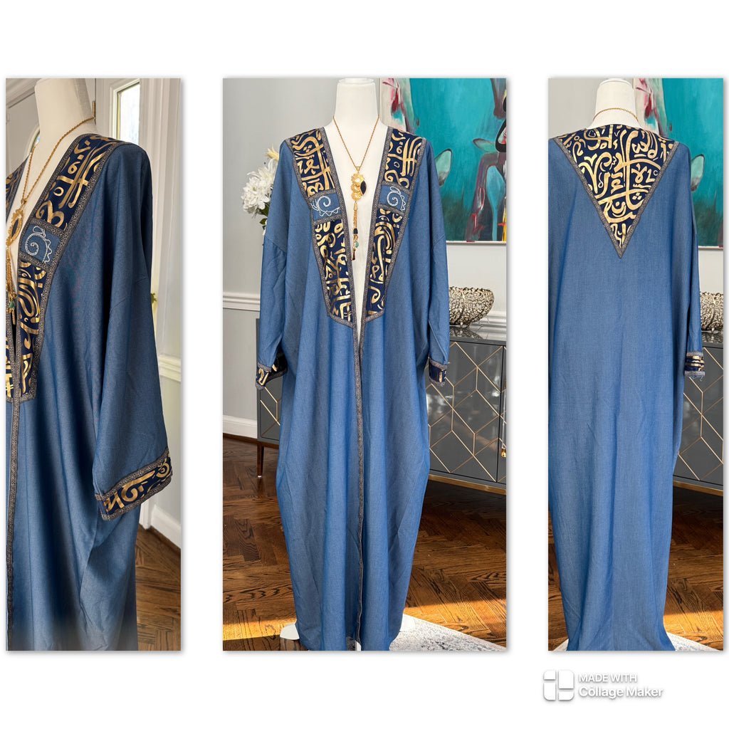 Blue Denim Open caftan embroidery Arabic Caligraphy design .