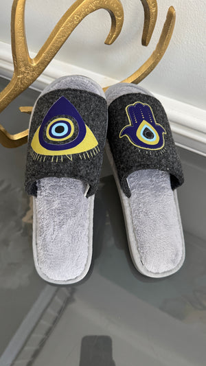 Gray Slip on Slippers. Designed with evil eye and Fatima Hand