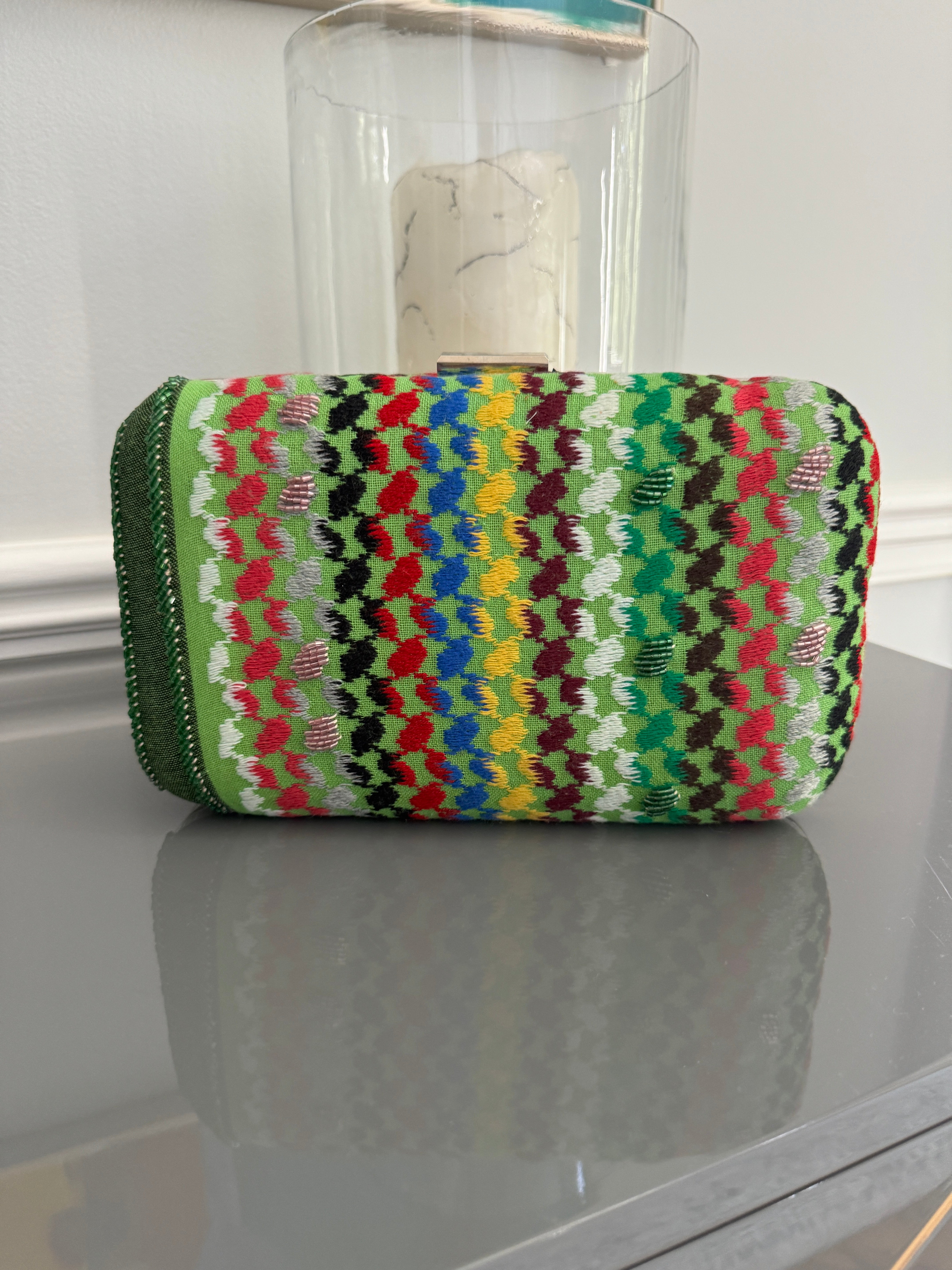 Green multi colors rectangle beaded keffiyeh Clutch, handbag