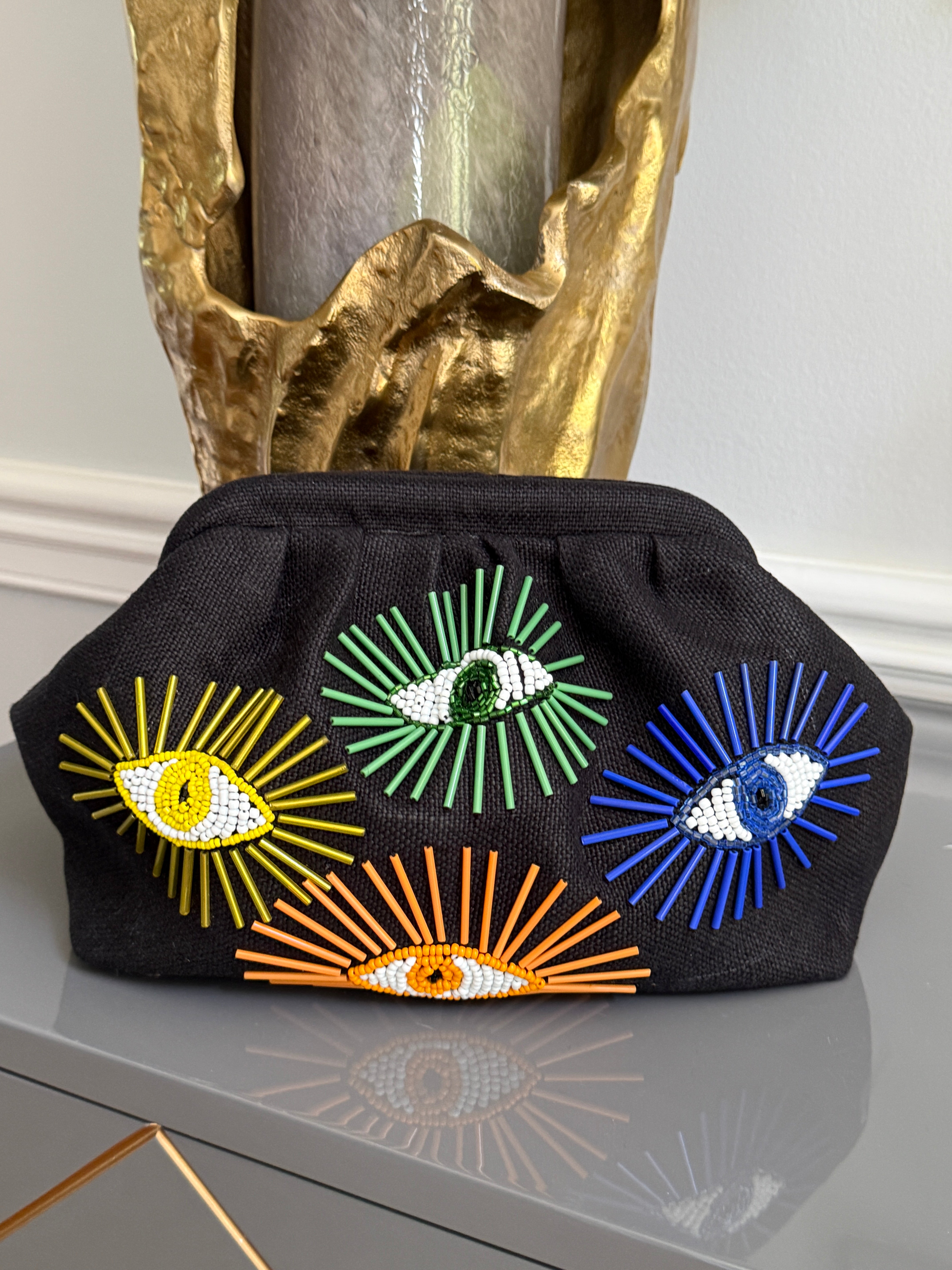 Black Handbag, clutch, purse beaded evil eye design