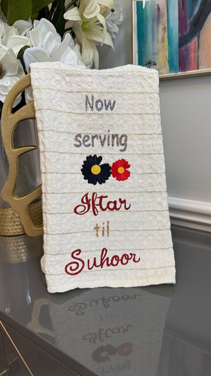 White Towel designed with Ramadan Theme and embroidery flowers.