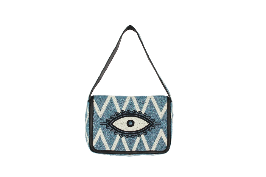 Beaded evil eye shoulder handbag with evil eye design and beaded handles.