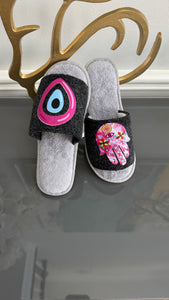 Gray Slip on Slippers. Designed with evil eye and Fatima Hand