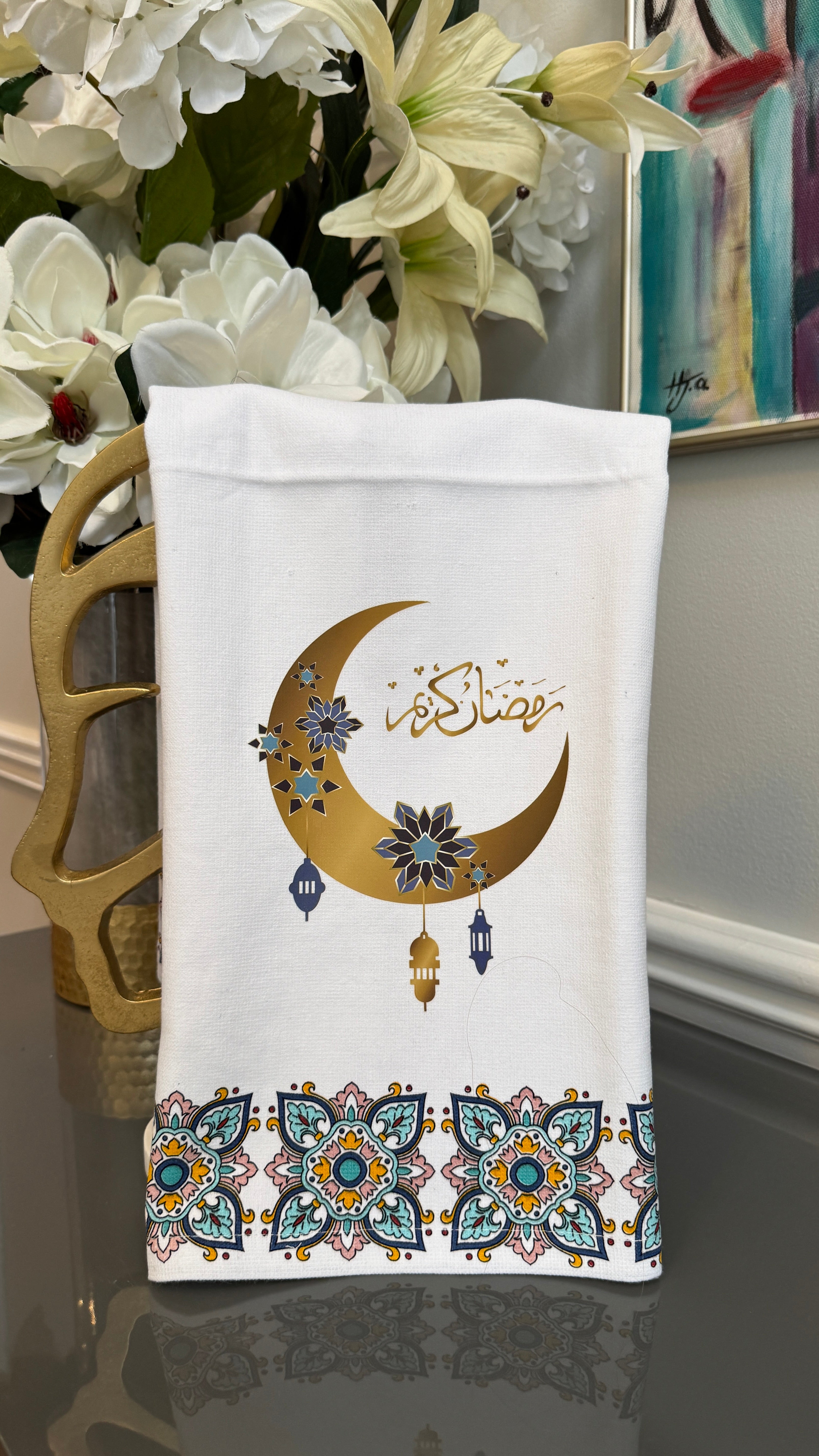 White Arabian mosaic design and Ramadan theme crescent and Arabic Calligraphy رمضان كريم