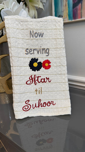 White Towel designed with Ramadan Theme and embroidery flowers.