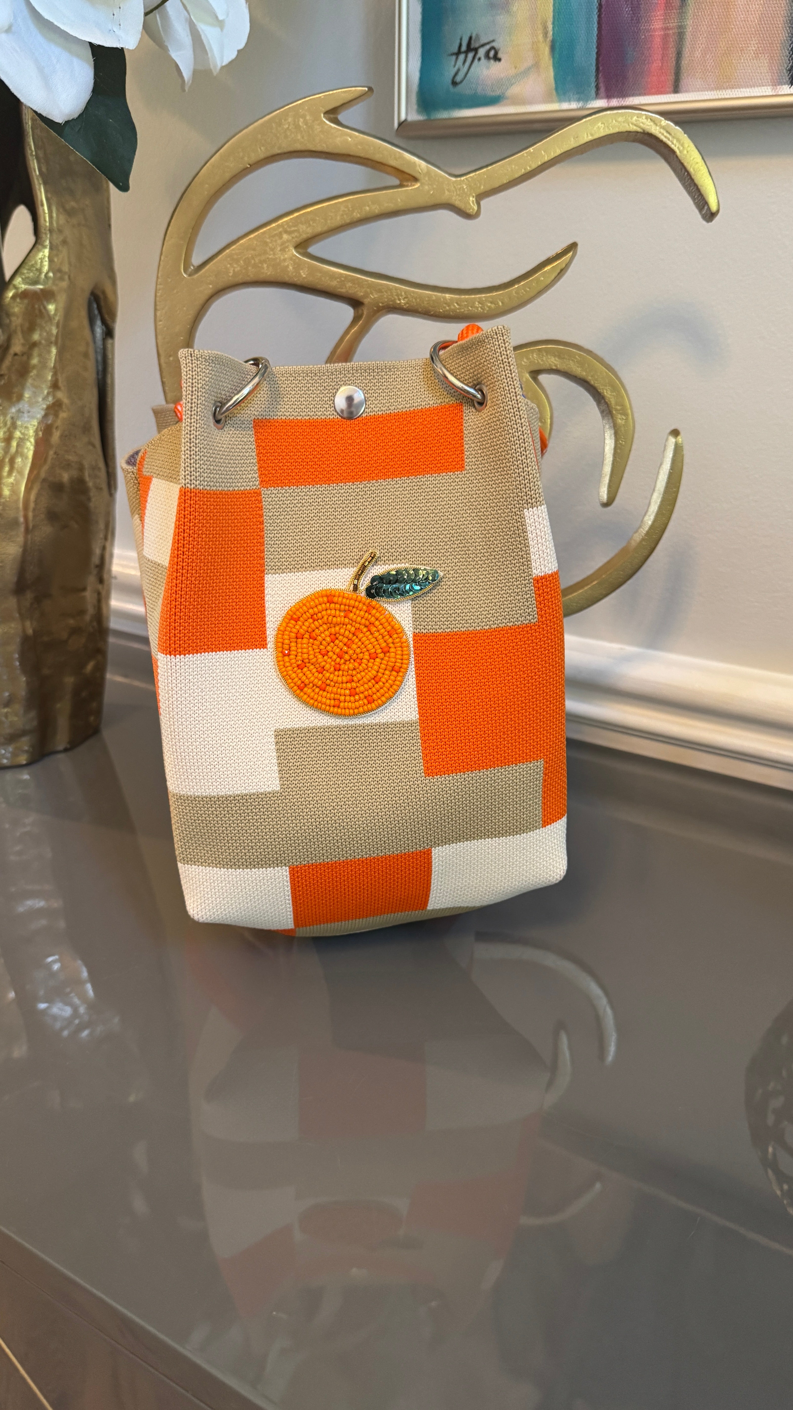 Handbag tote vintage look, retro mixed colors , unique design.