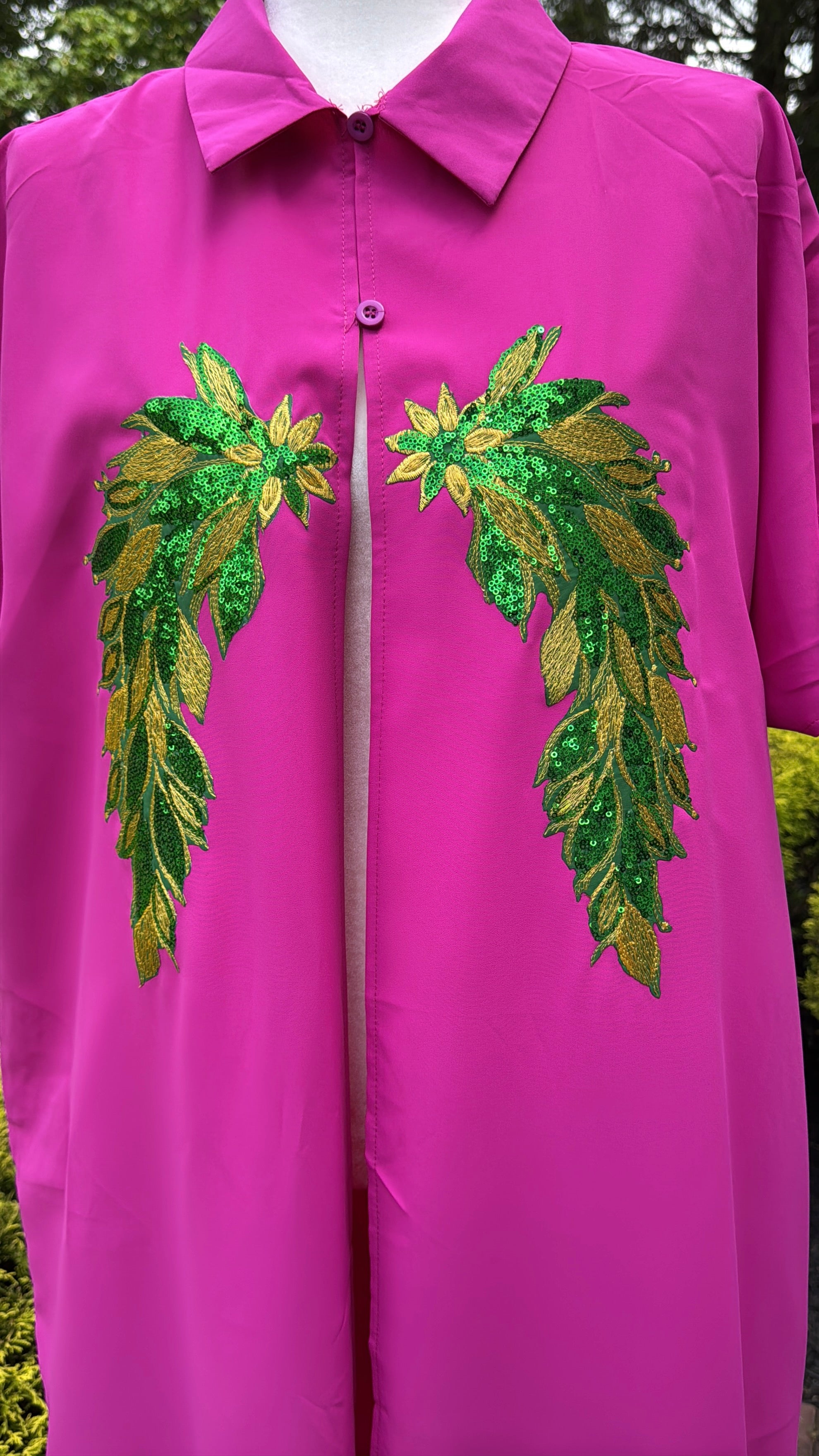 Casual Button Design Batwing Sleeve Super Long Shirt , designed with sequins wings motif.