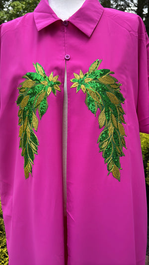 Casual Button Design Batwing Sleeve Super Long Shirt , designed with sequins wings motif.