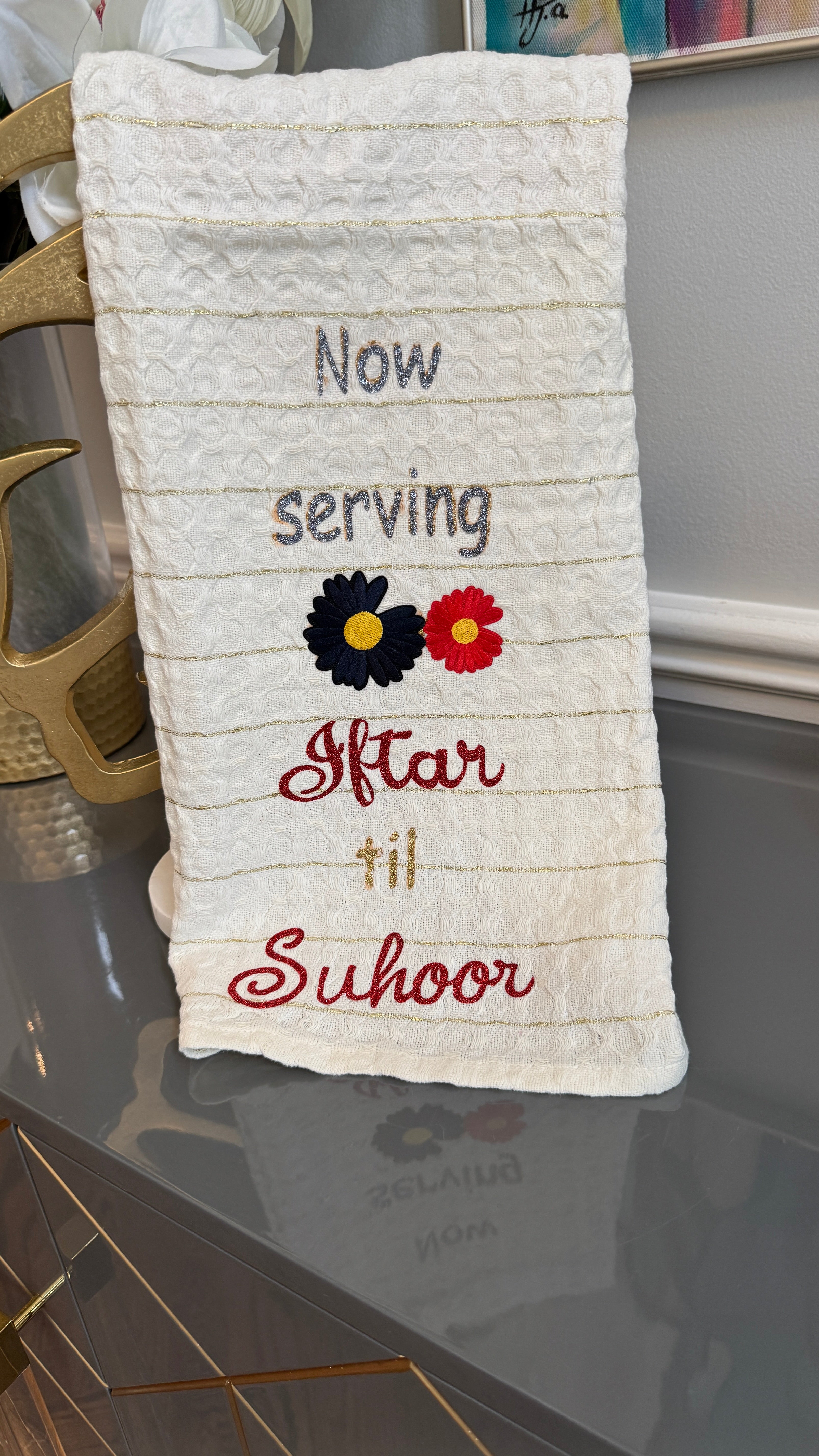 White Towel designed with Ramadan Theme and embroidery flowers.