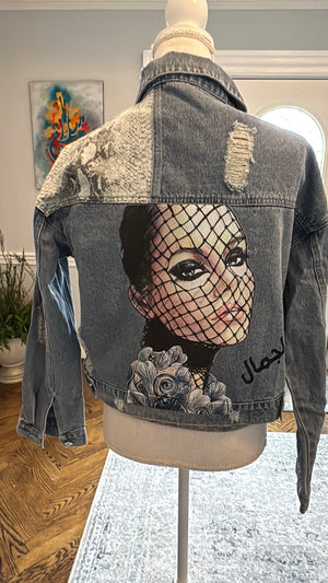 Denim Jacket leopard print And Arabic Calligraphy design الجمال and women beauty image.