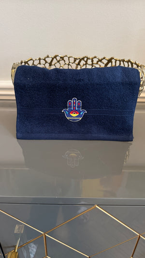 Blue Hand towel designed with embroidery Fatimah’s Hand.