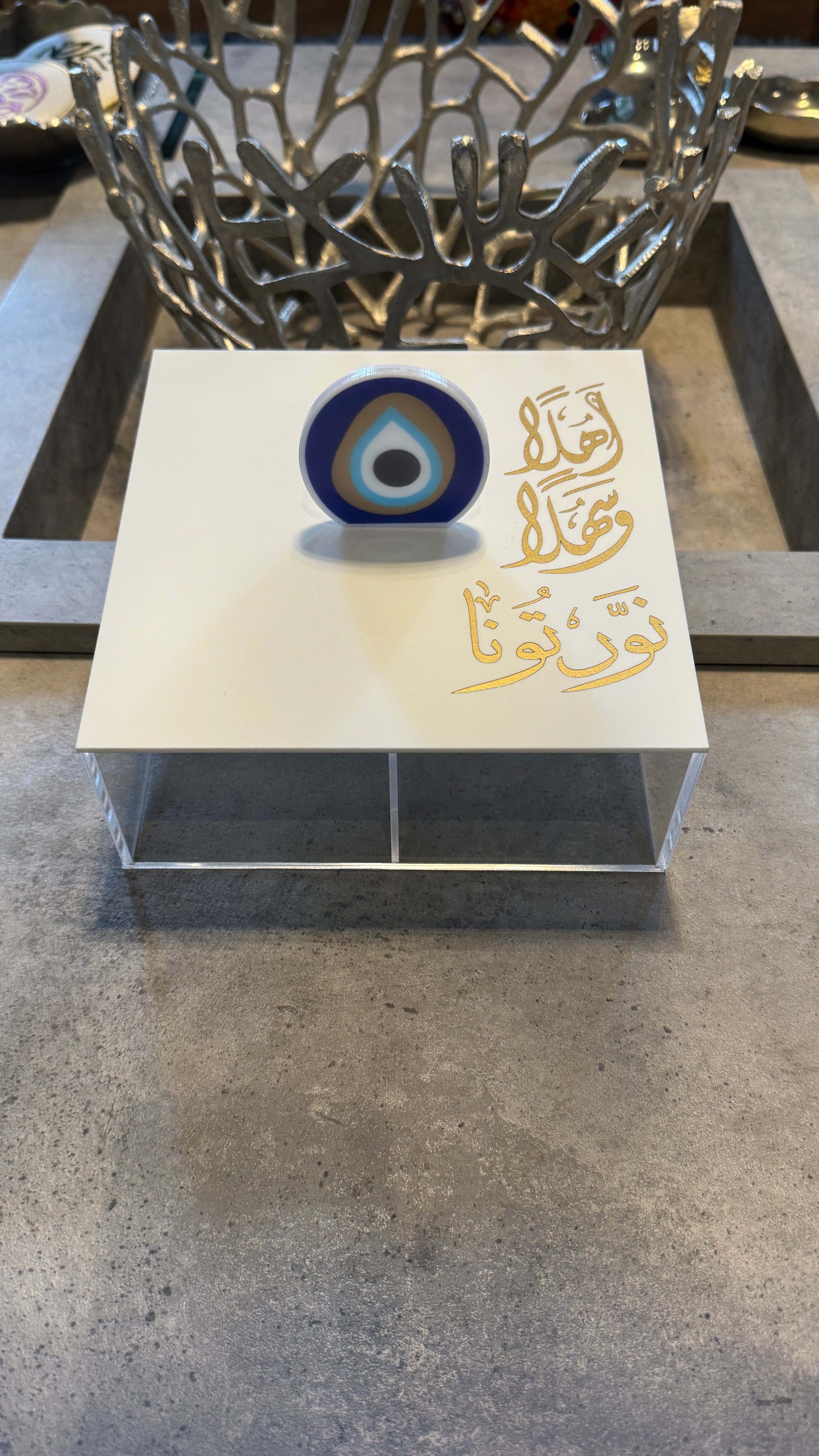 Tear Drop evil eye handle, Plexi Box, Arabic Calligraphy اهلاً وسهلاً نورتونا