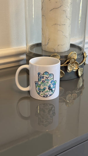 White Mug designed with colorful blue & teal color Fatimah's Hand