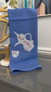 Blue towel with Arabic Calligraphy رمضان كريم  kettle and cup theme.