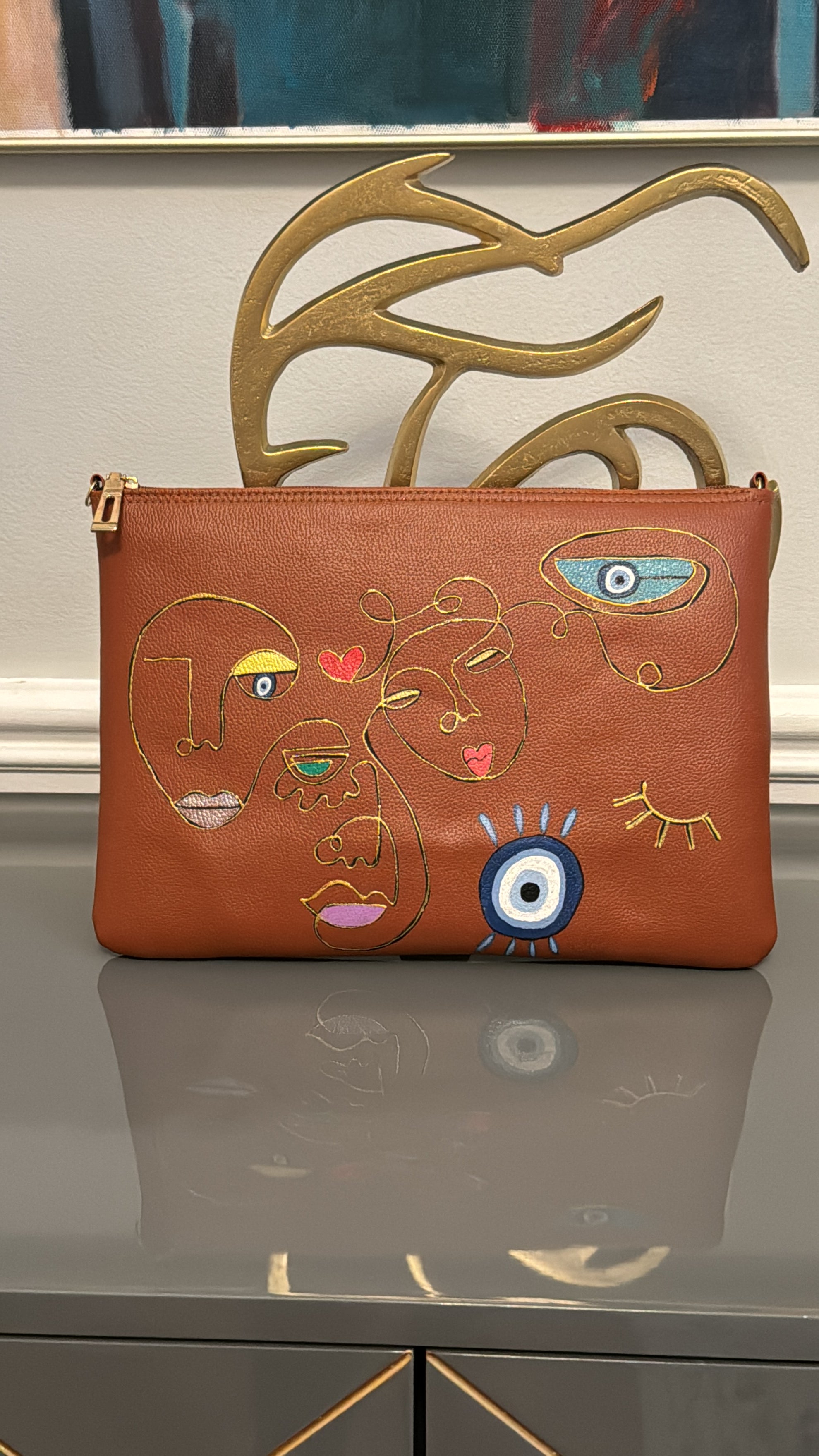 Tan Clutch Hand painted modern theme