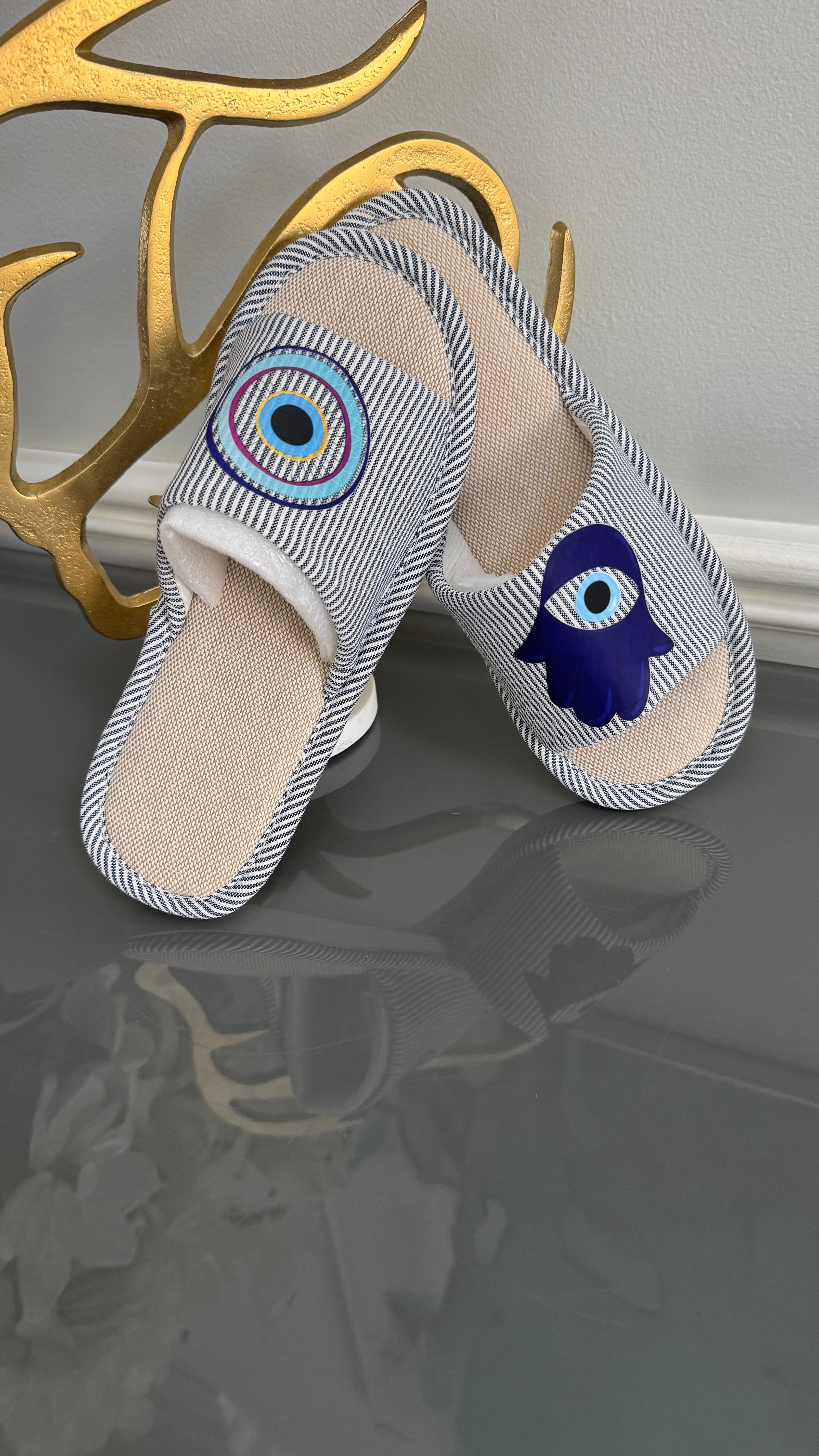 Navy Blue Slip on Slippers. Designed with evil eye and Fatima Hand