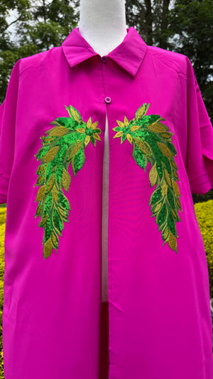 Casual Button Design Batwing Sleeve Super Long Shirt , designed with sequins wings motif.