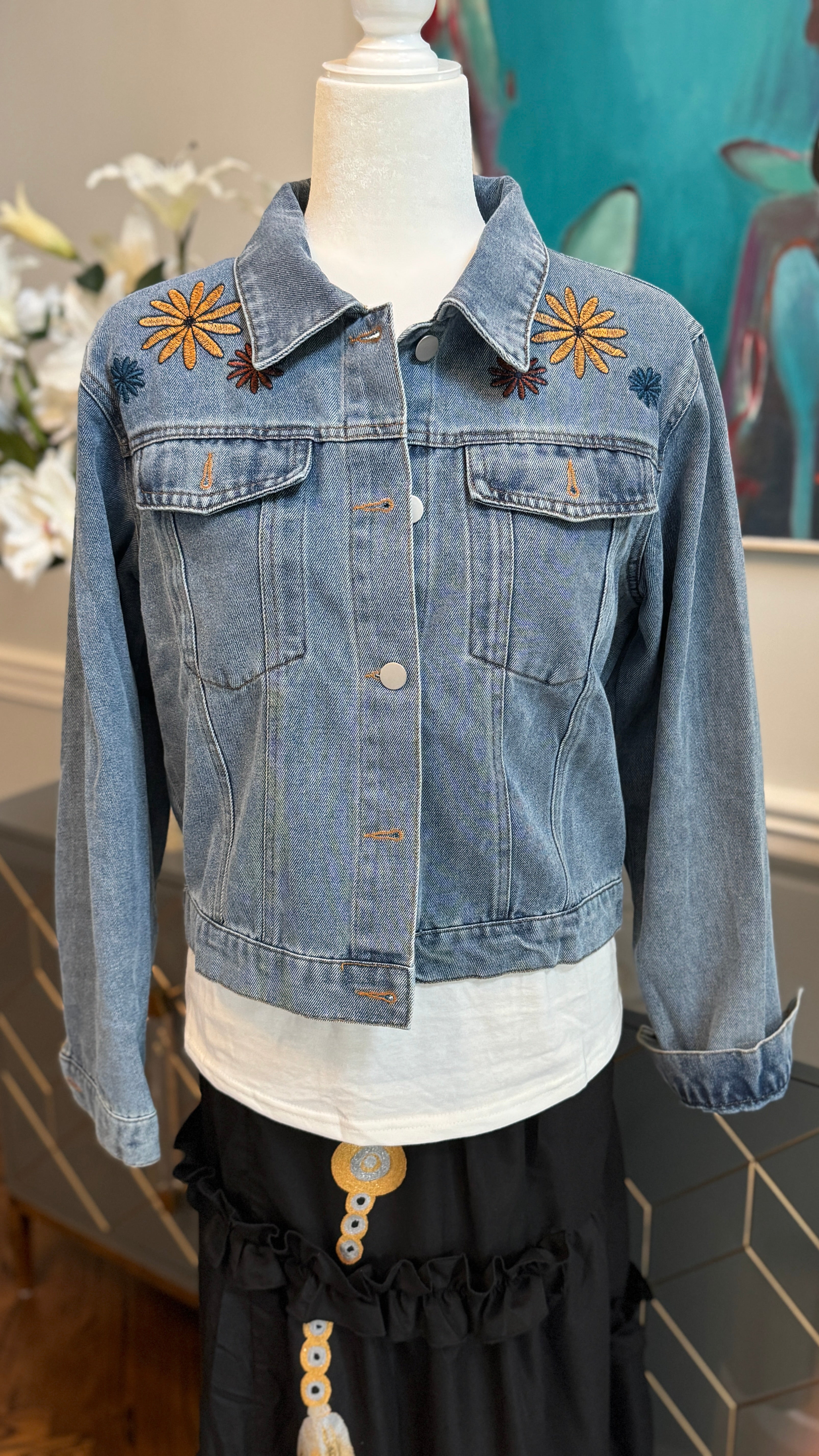 Denim Blue Jacket, embroidery flowers design theme