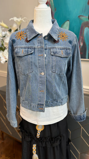 Denim Blue Jacket, embroidery flowers design theme