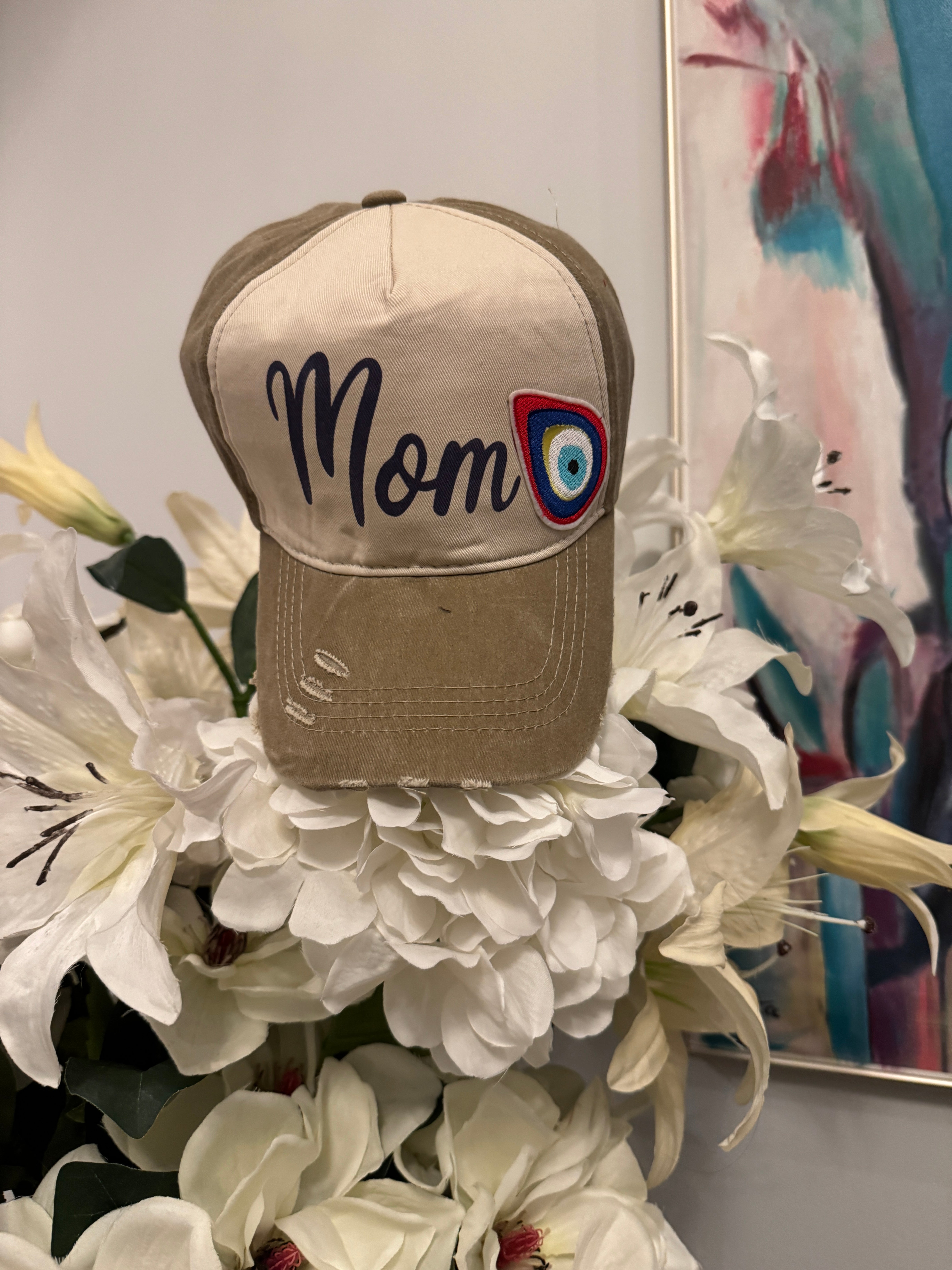 Cap hat Mom design with embroidery tear drop evil eye.