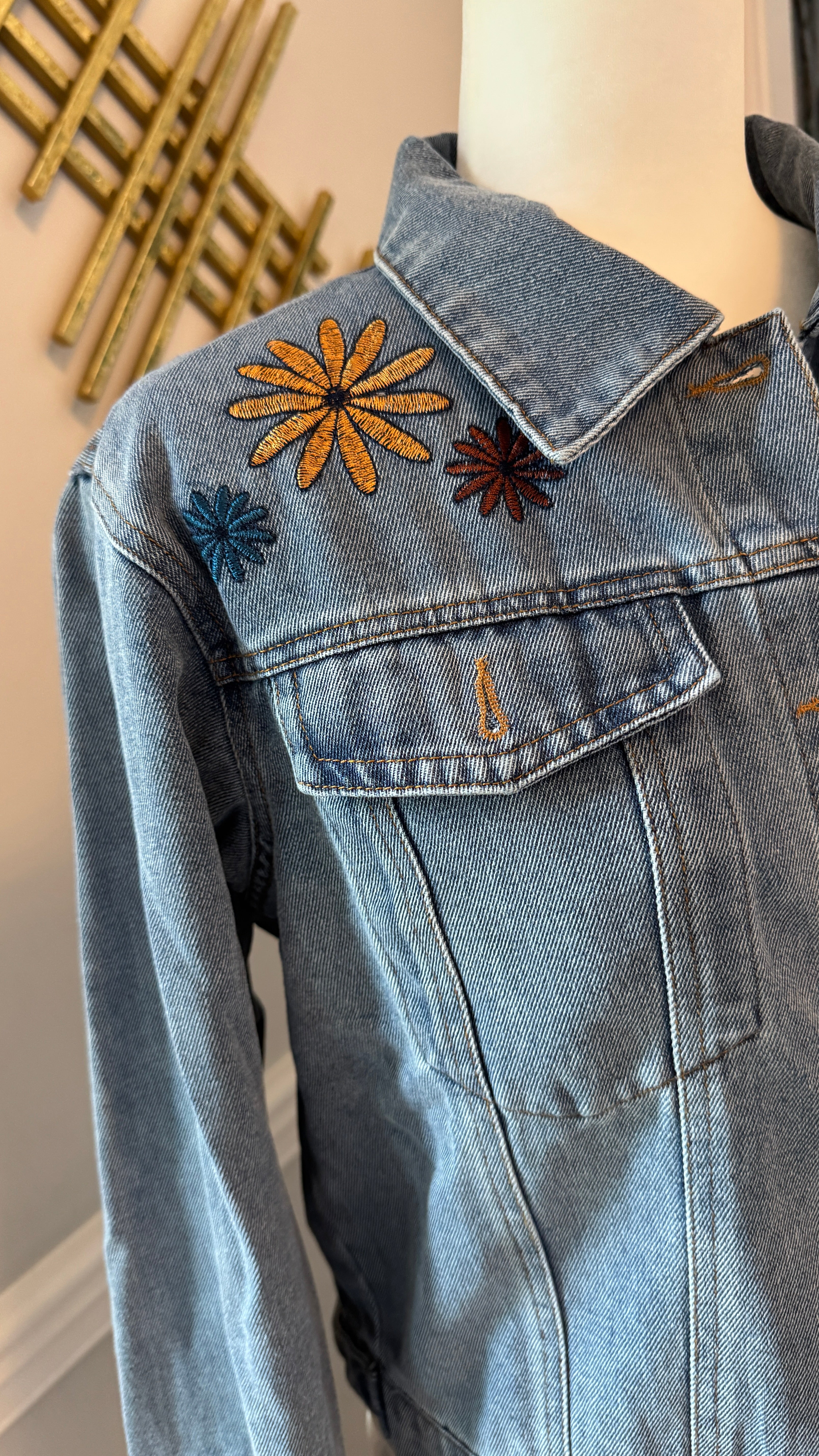 Denim Blue Jacket, embroidery flowers design theme