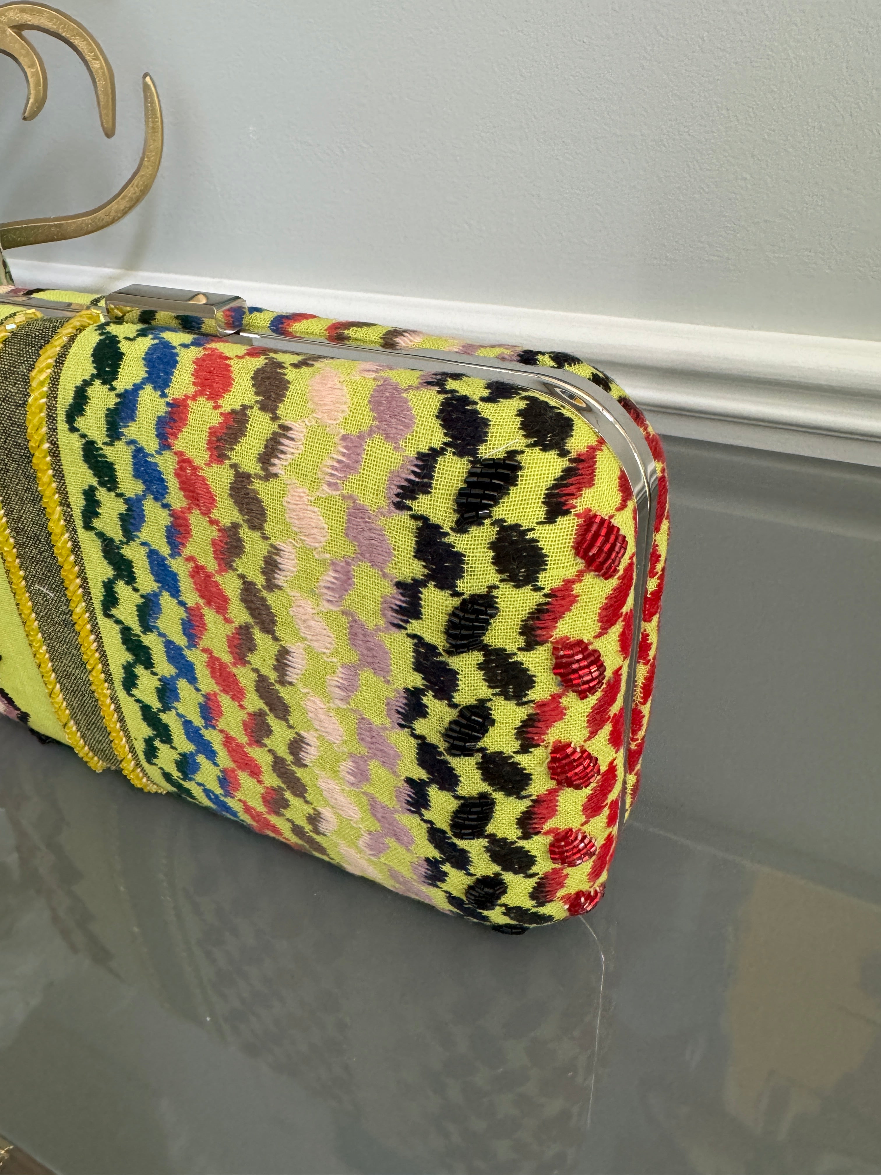 Yellow multi colors rectangle beaded keffiyeh Clutch, handbag